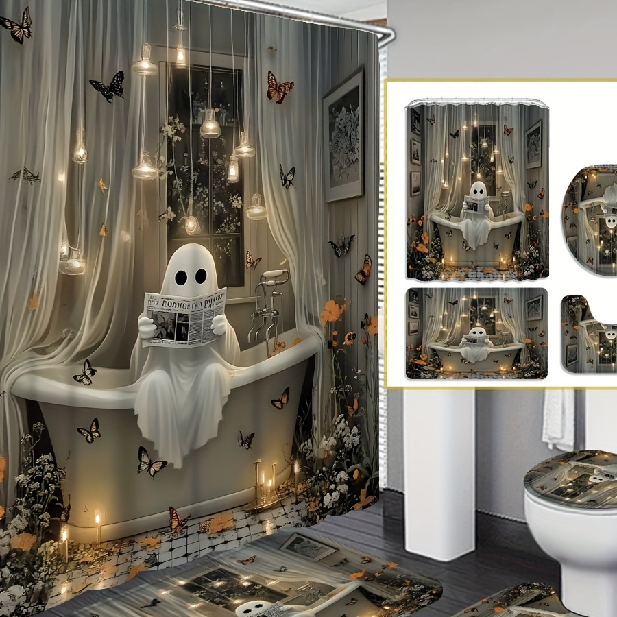 

1pc/4pcs Bathtub, Pattern Curtain, Decoration, Curtain Set 12 , Bathroom Carpet, U-shaped Mat, , Bathroom Decoration