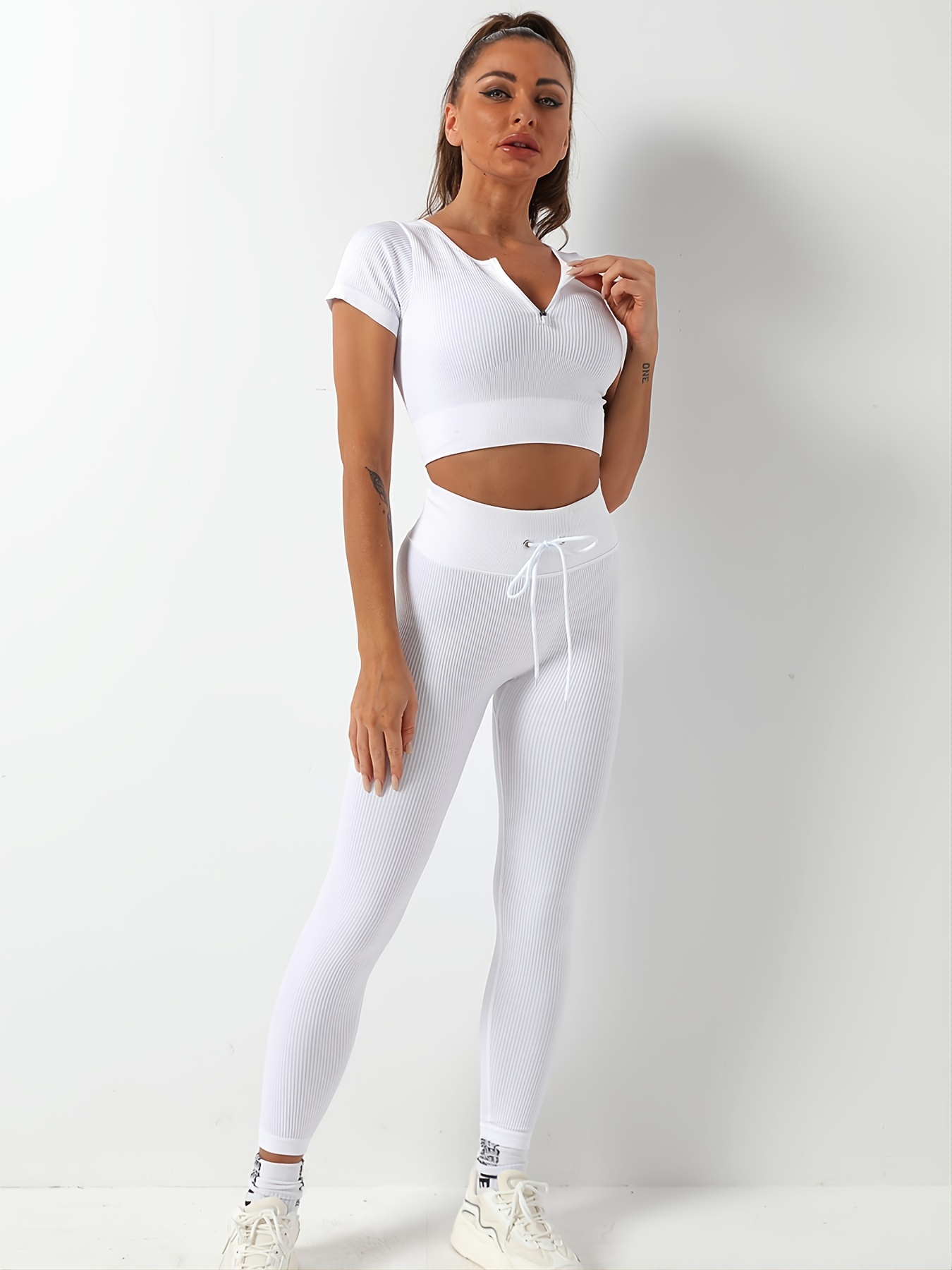 Seamless Ribbed Drawstring Leggings - White