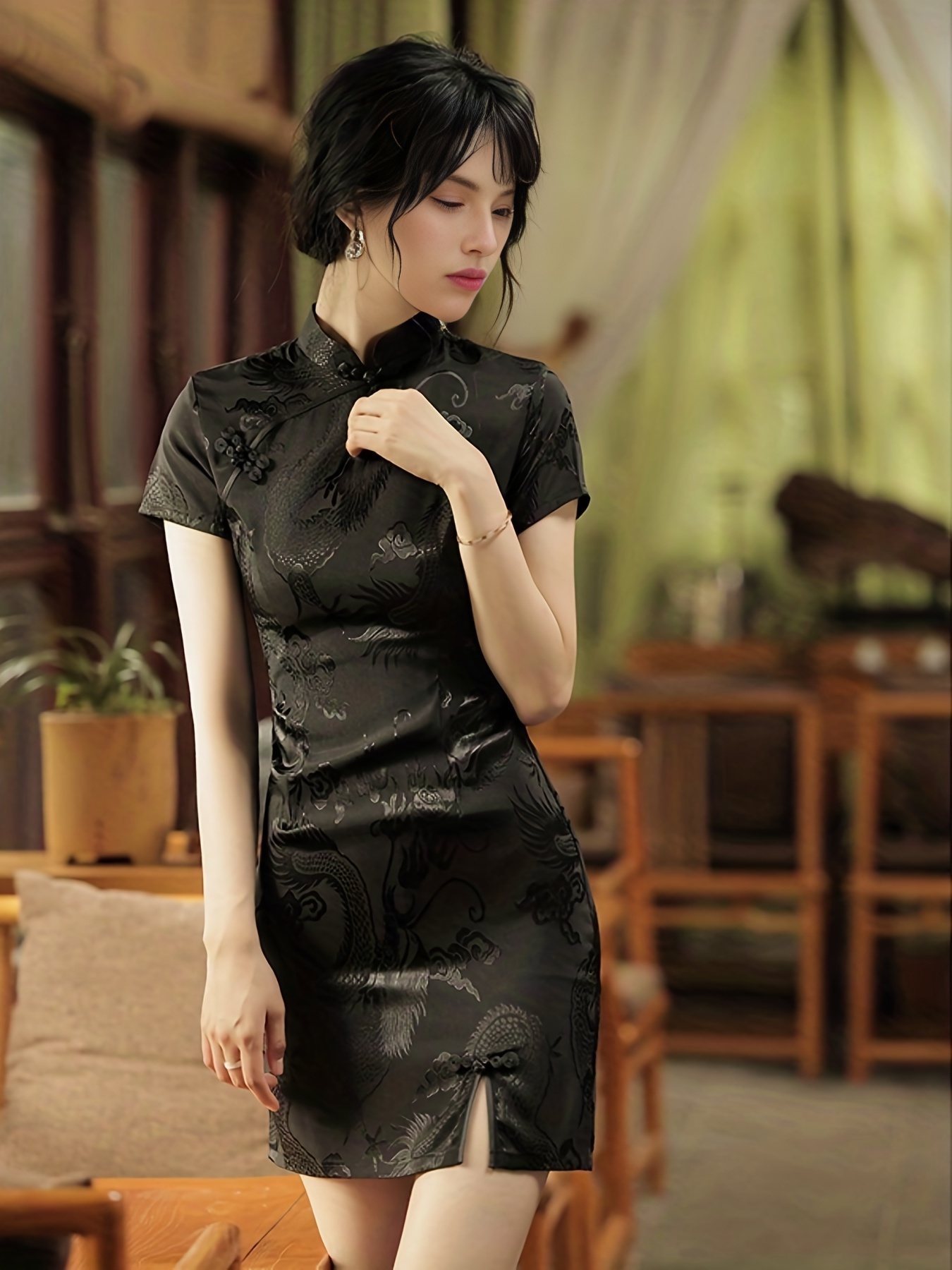 Solid Slim Cheongsam Dress Elegant Short Sleeve Stand Collar - Temu