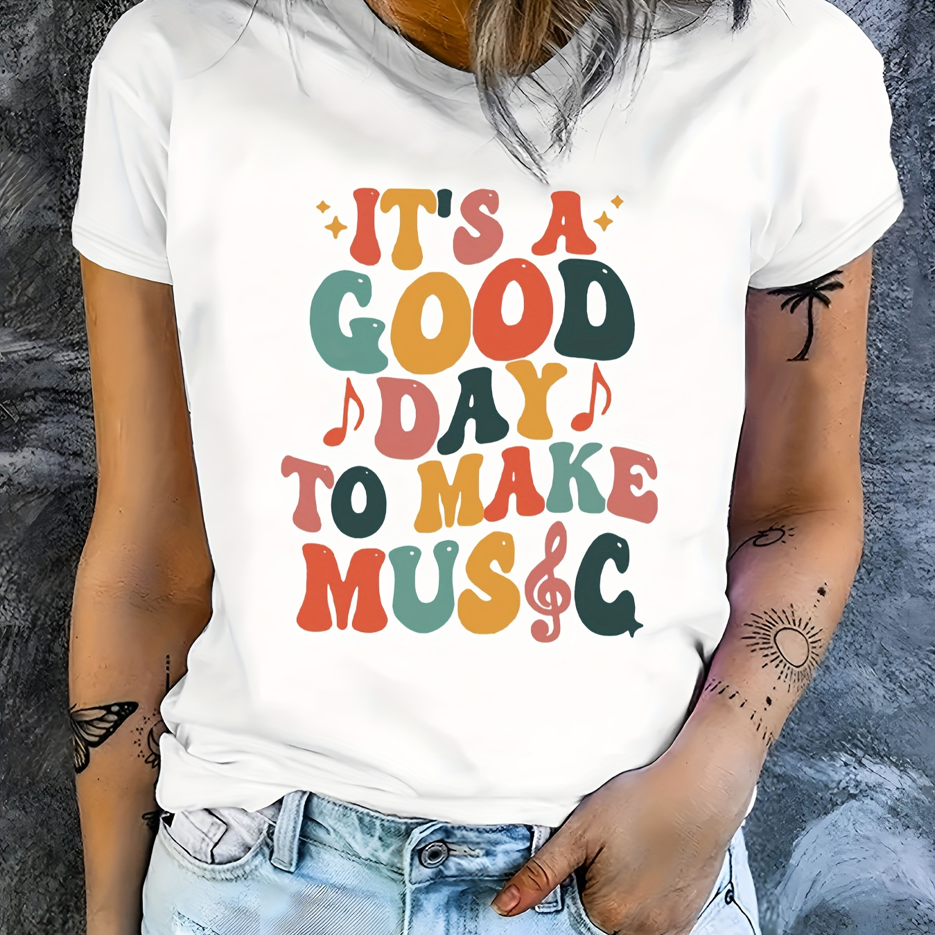 

Women's Casual Music-inspired Letter Print T-shirt - Soft Polyester & Elastane , Short Sleeve, Crew Neck -