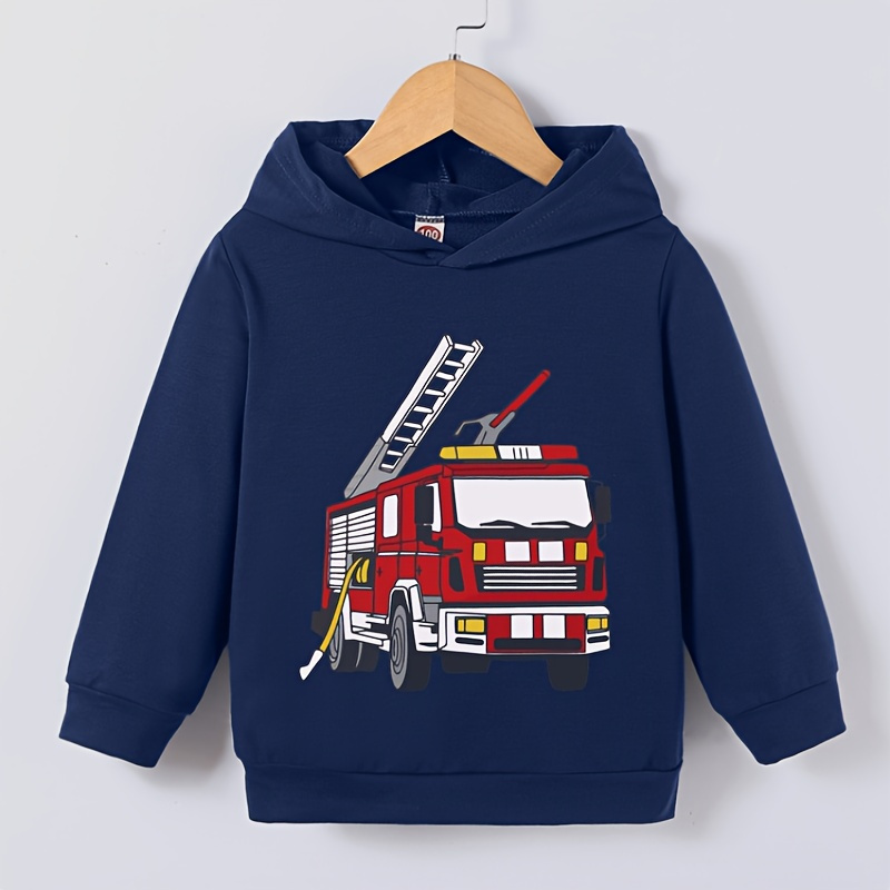 

Fire Truck Pattern Print Boy's Hooded Sweatshirt With Long Sleeves Design, Comfortable Top For Autumn & Winter Daily Wear, Boys Trendy Versatile Clothing