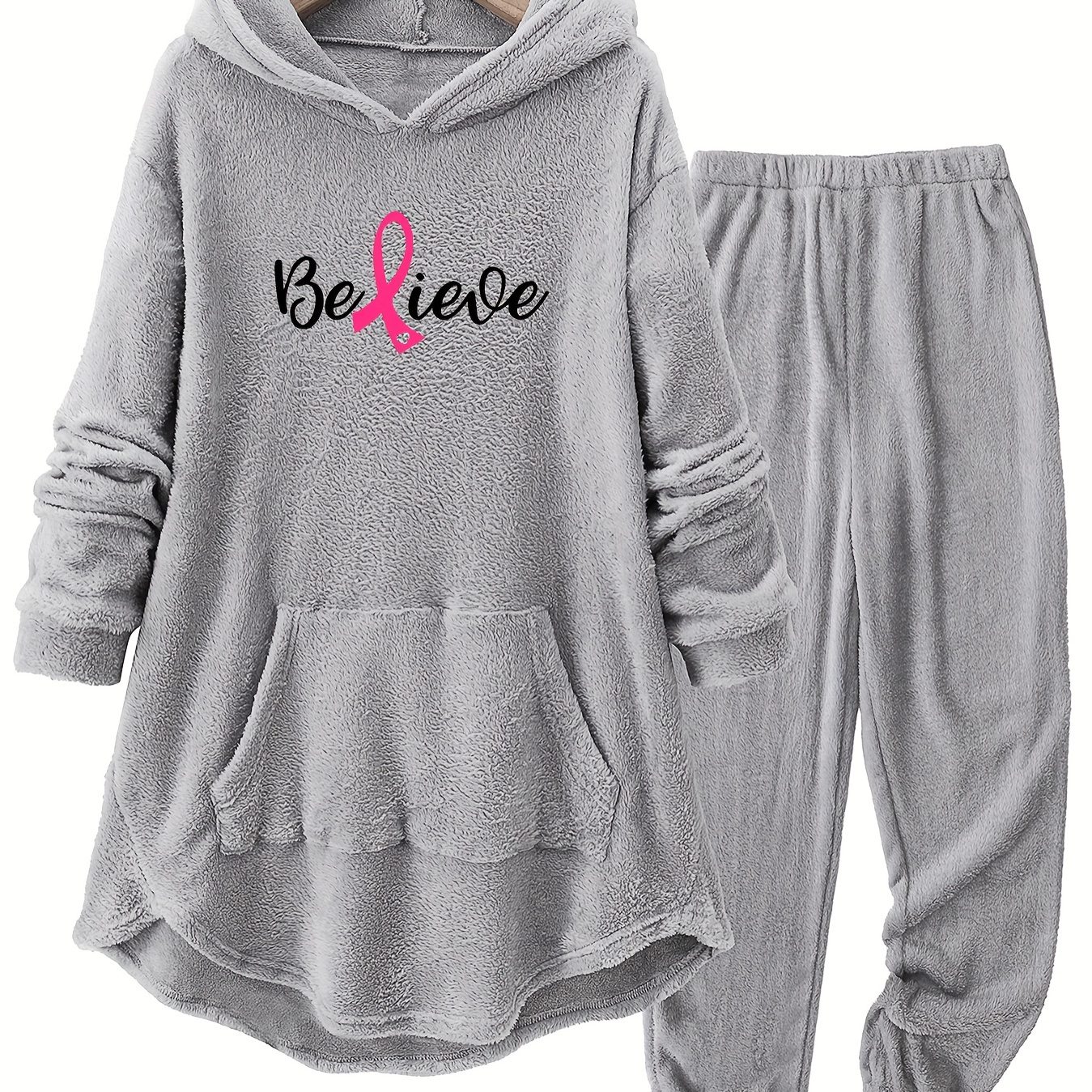 

Plus Size Cozy Fleece Hoodie & Joggers Set - "" Pink , Women's Casual Autumn/winter Loungewear, Machine Washable, Gray