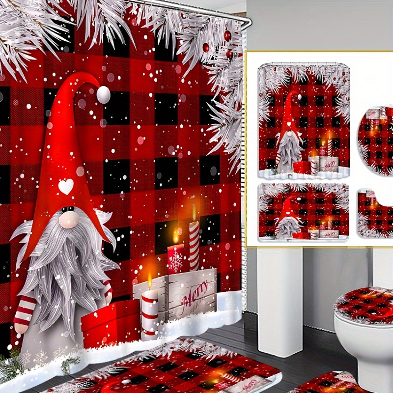 

4pcs Christmas Dwarf Curtain Shower Curtain Decoration, Beautiful Housewarming Gift Decoration, Waterproof Shower Curtain And Toilet Floor Mat 3-piece Set With 12 Shower Curtain Hooks