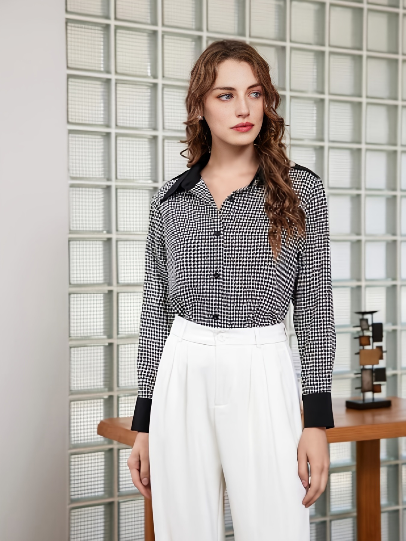 V Neck Polka Dot Formal Tops for Women - Black and White