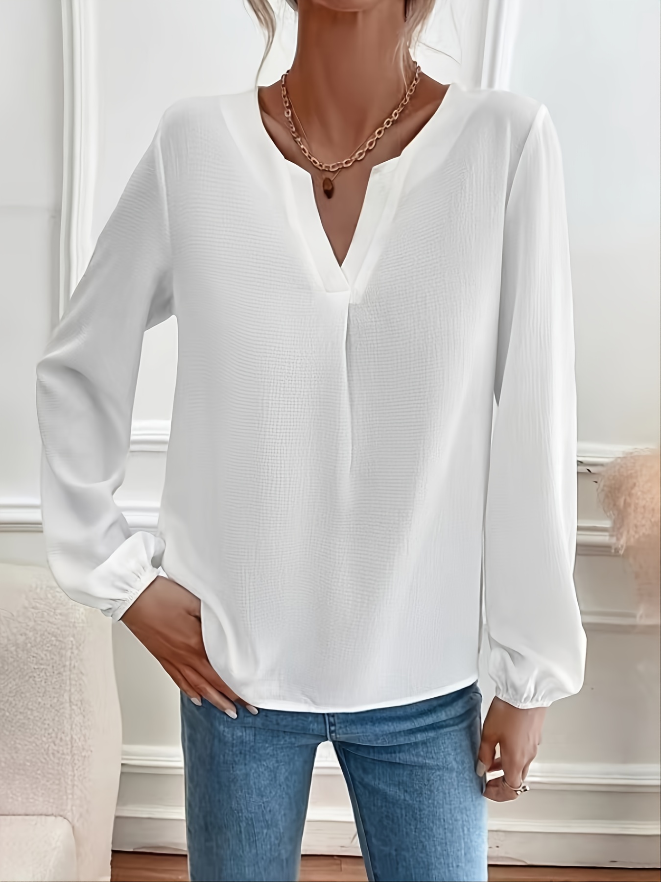 Solid Loose Notched Neck Blouse Long Sleeve Office Casual - Temu Australia