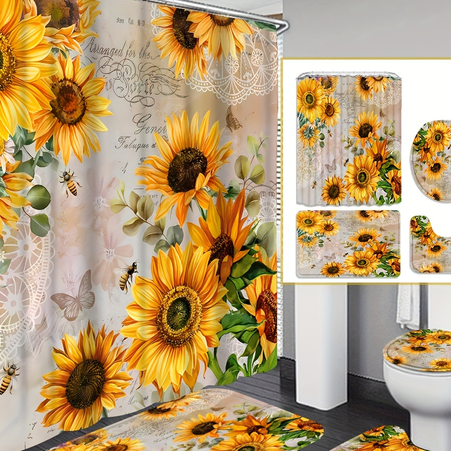 

4pcs Shower Curtain Decoration, Beautiful Disguise Gift Decoration, Waterproof Shower Curtain And Bathroom Floor Mat -piece Set, 12 Shower Curtain Hooks