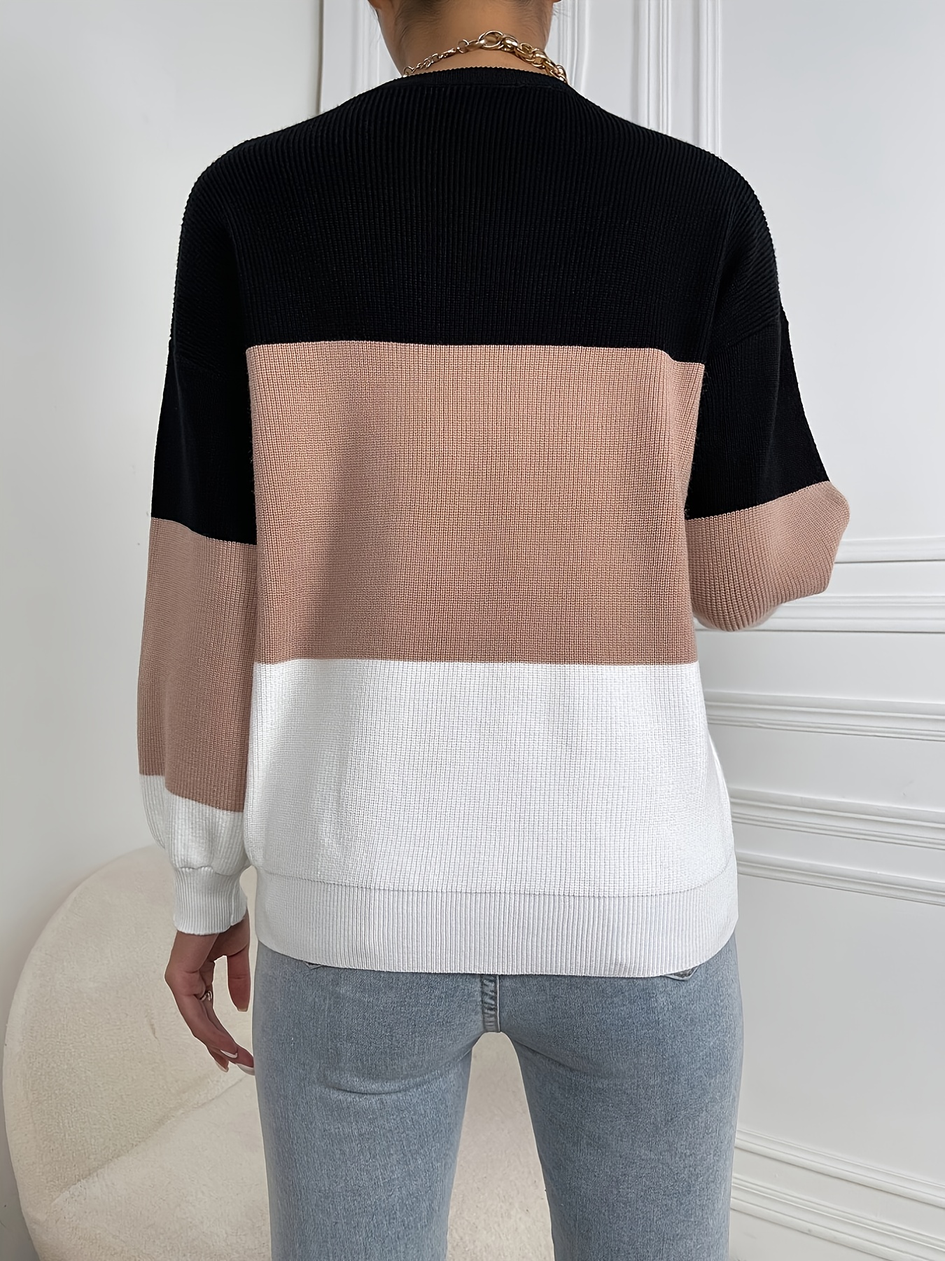 Striped Crew Neck Color Block Sweater Casual Long Sleeve - Temu