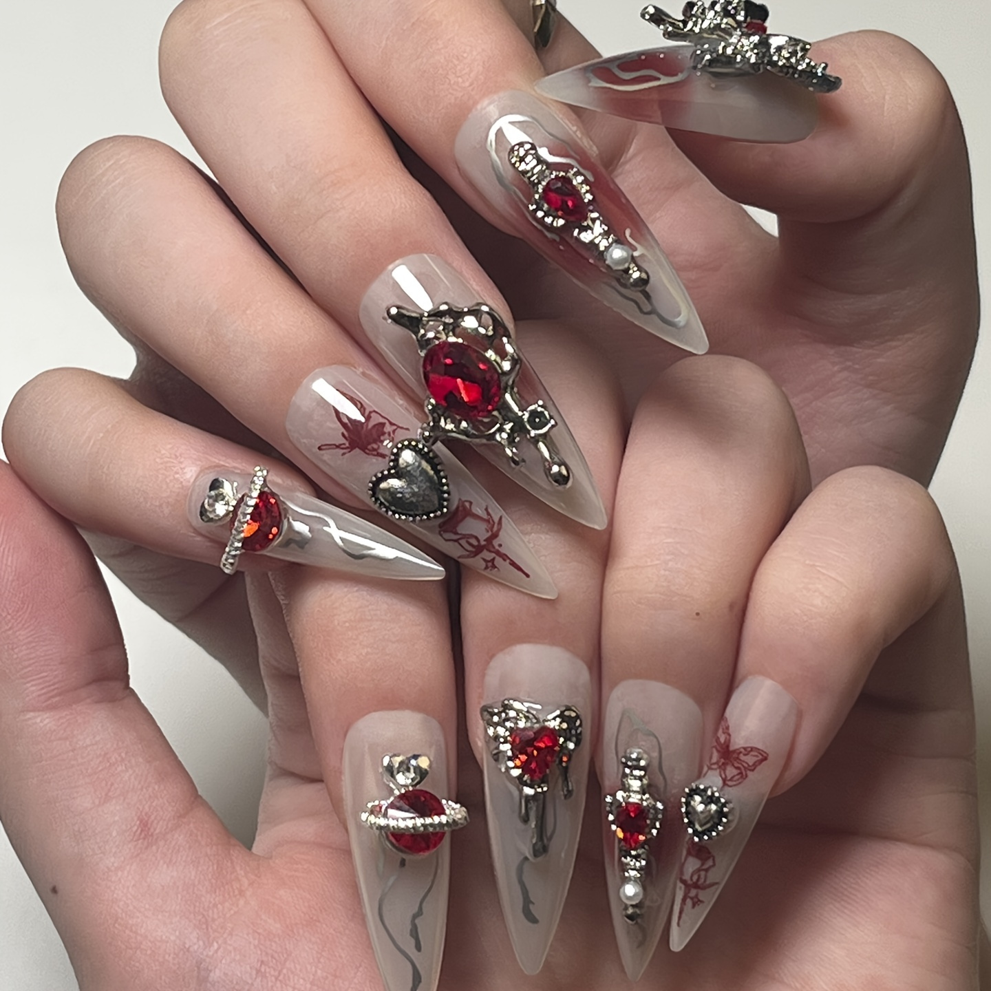 

24pcs Long Almond Shape Press On Nails, Red Blush Fake Nail With 3d Metal Charms Decor, Full Cover Y2k Nails For Women