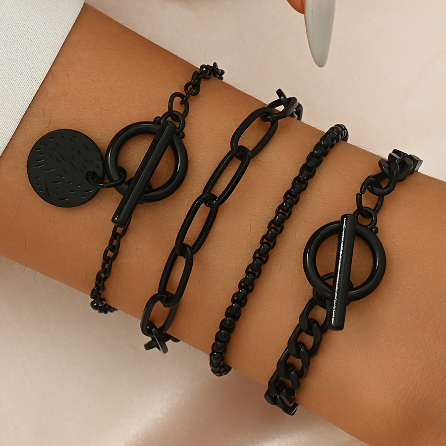 TEMU 4pcs Of Stylish And Black Chain Ot Stacked Bracelet Set For Women's Everyday Autumn And Winter Outfits