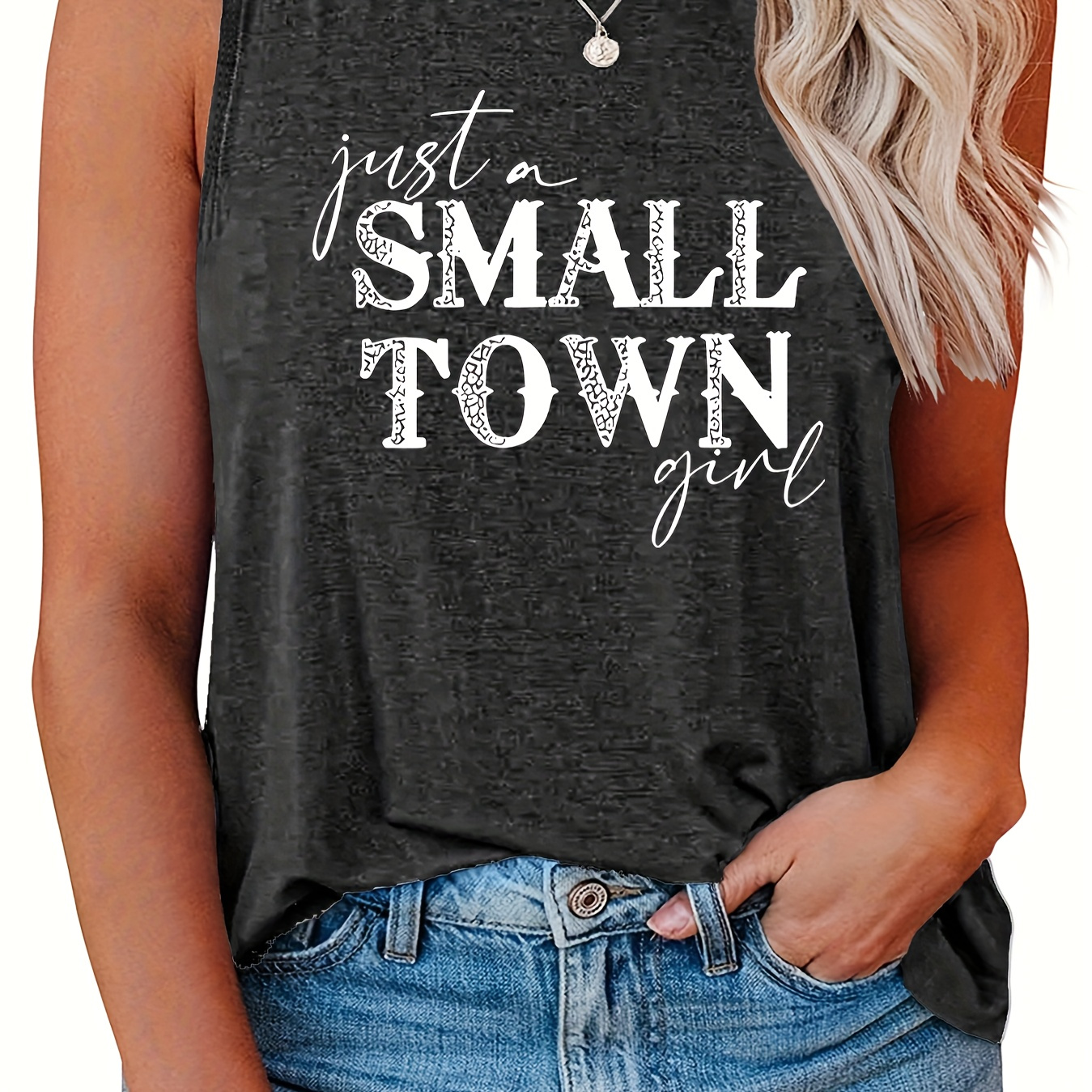 

Plus Size Letter Print Tank Top, Sleeveless Casual Top For Summer & Spring, Women's Plus Size Clothing