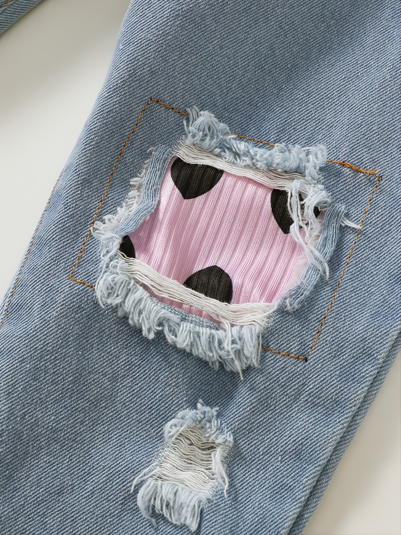 2-piece Kid Girl Heart Print Ruffled Long-sleeve Pink Top and Elegant Denim Blue Color Pants Set