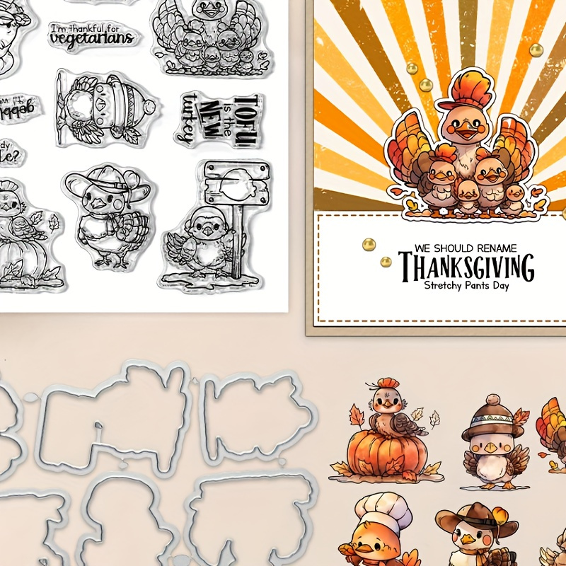 

Thanksgiving Day Cute Cartoon Turkey Cutting Dies Clear Stamp Set Diy Scrapbooking Supplies Knife Mold Metal Dies Silicone Stamp For Cards Albums Crafts Decor