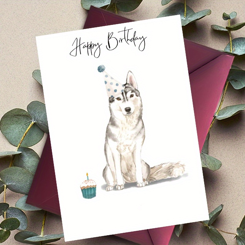 

1pc Happy Birthday Greeting Card With Husky Dog And Cupcake - Holiday Celebration Card For Anyone, Premium Paper Material With Envelope Included