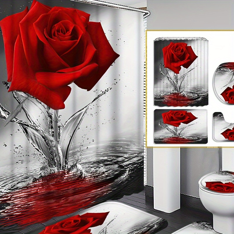 

4pcs Red Falling Rose Curtain Decoration, Beautiful Housewarming Gift Decoration, Waterproof Shower Curtain And Toilet Floor Mat Three-piece Set Comes With 12 Shower Curtain Hooks