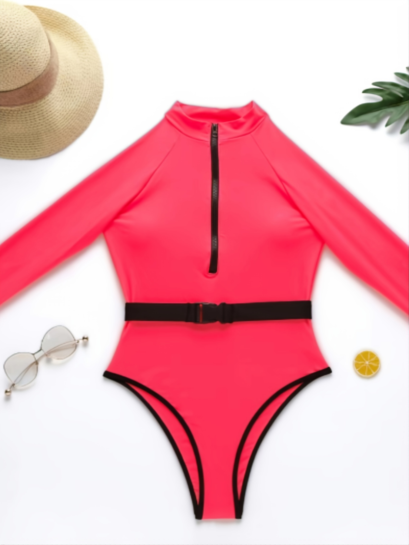 Women's Solid Zipper Front One Piece Swimsuit