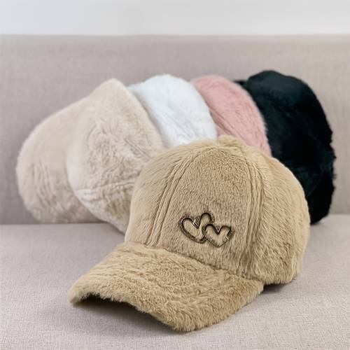 Heart Shaped Decor Baseball Cap, Fleece Unisex Adjustable Outdoor Thermal Winter Hat