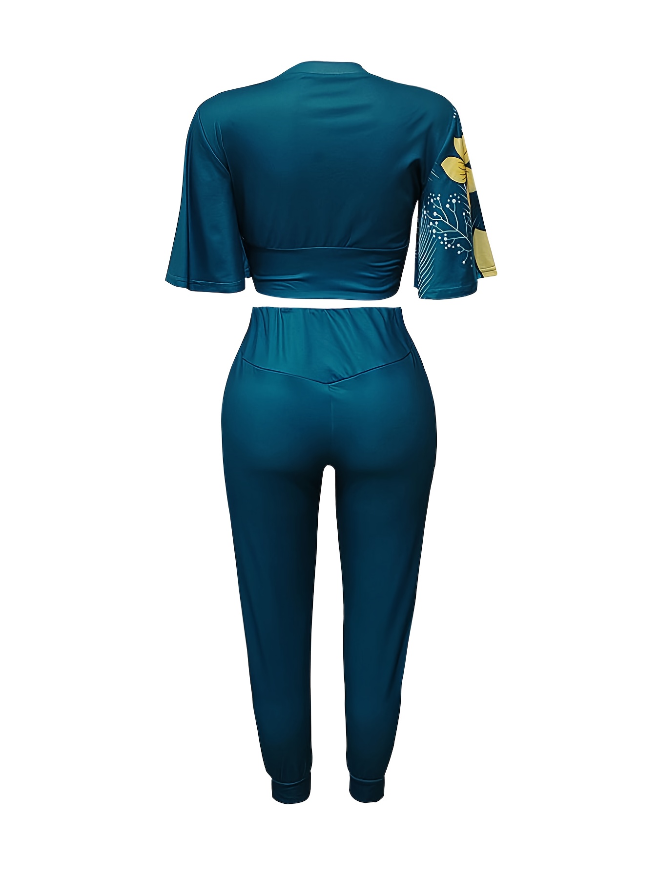 Women's 2 Piece Set - Floral Crop Top and Pants Ensemble / Navy Blue