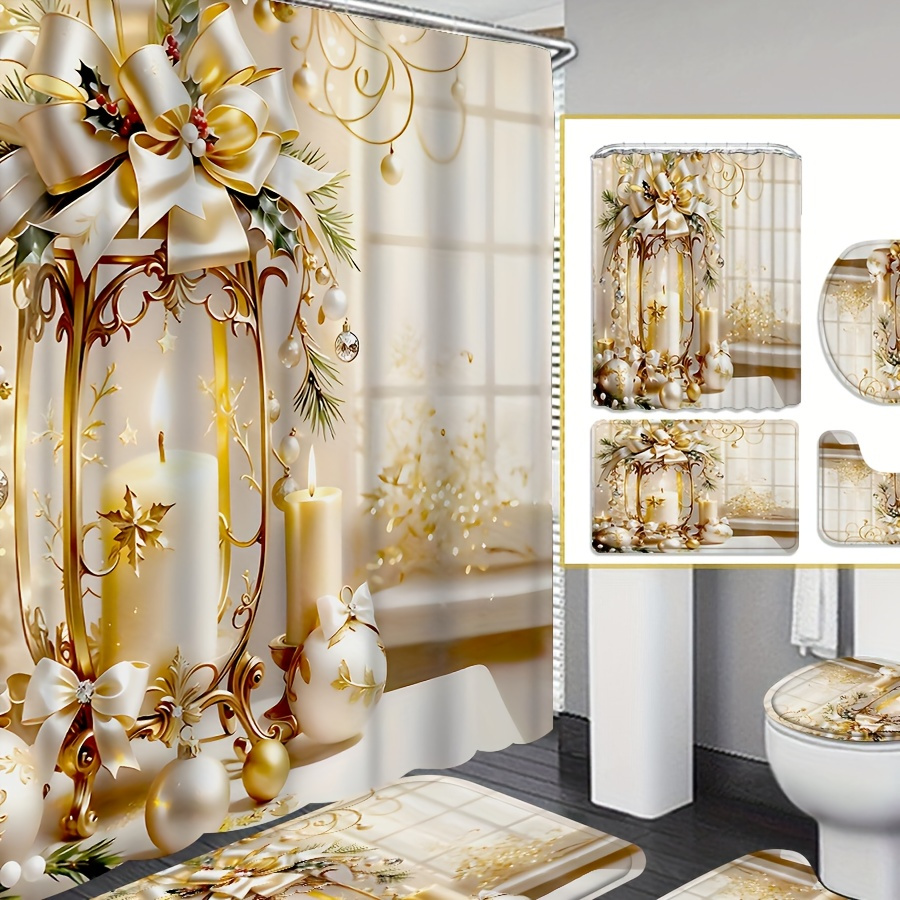 

1pc/4pcs Christmas Christmas Decoration Shower Curtain, Decoration, Shower Curtain Set 12 , Bathroom Carpet, U-shaped Mat, Mat, Christmas Decoration