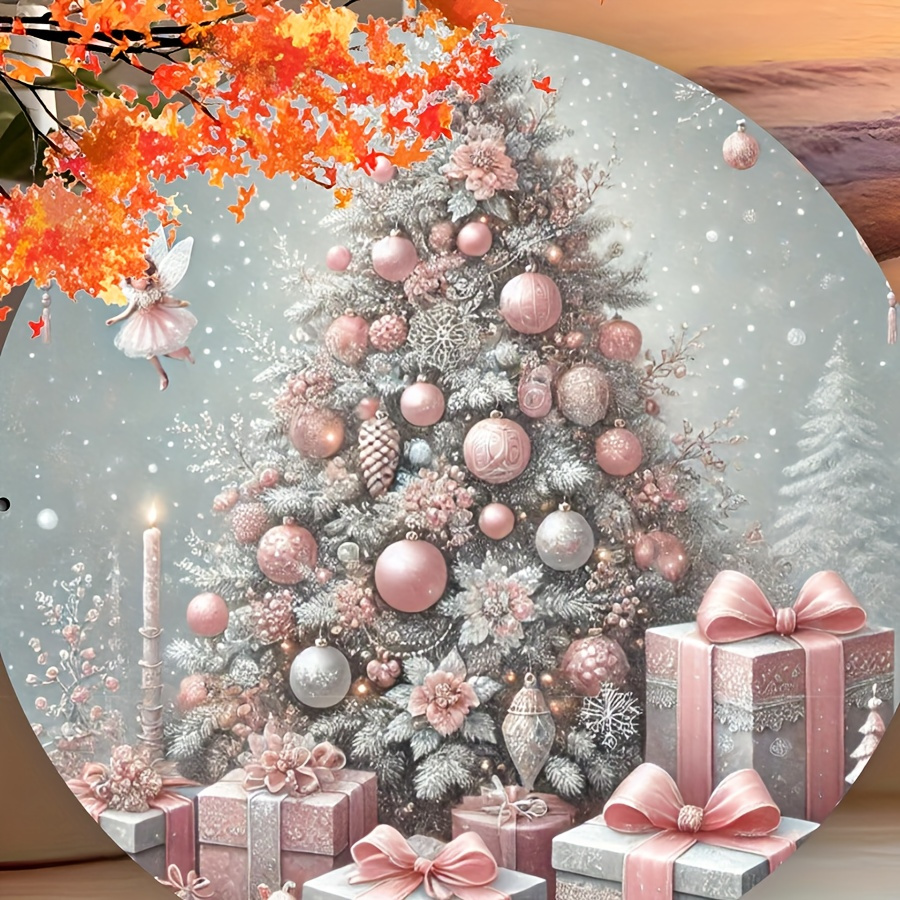 

20cm Round Iron Wall Art Sign - Pink Christmas Tree & Gifts Theme - Festive Decor For Home, Office, Cafe, Restaurant, Garden, Porch & Patio