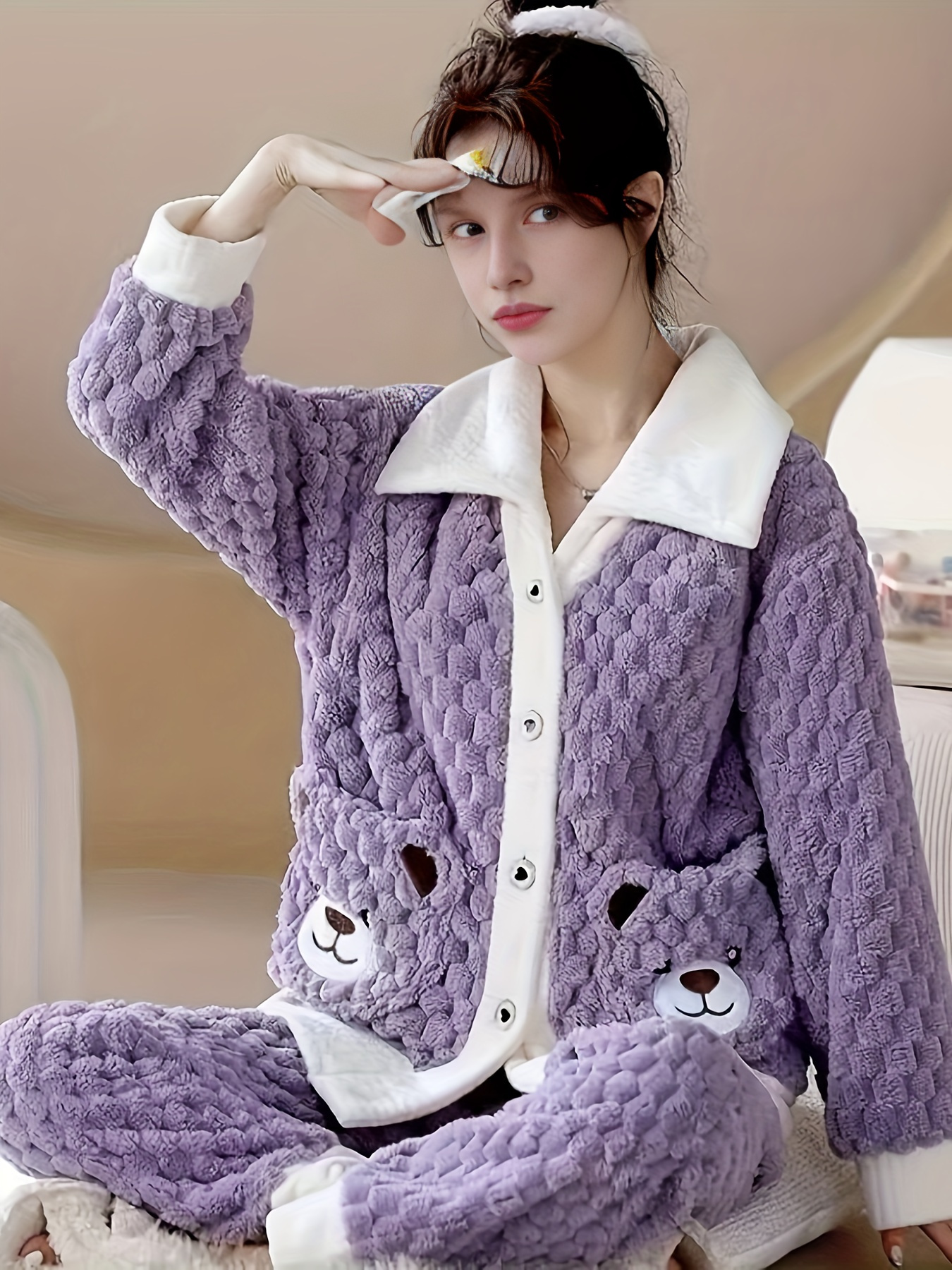 Cute Cartoon Bear Pajamas Woman Thick Fleece Winter Warm Sleepwear For  Girls M