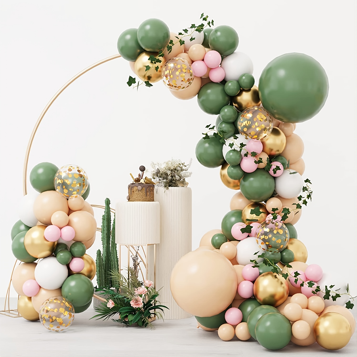 150 Set di anelli ad arco con palloncini verdi e rosa a coda di topo,  palloncini verdi oliva e pesca con fiori di primavera artificiali, adatti  per