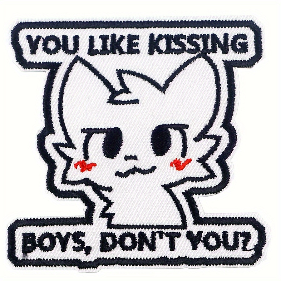 

Embroidered Iron-on Patch With Text "you Like Kissing Boys, Don't You" - White, Cartoon Cat Appliqué For Diy Sewing On Jackets, Backpacks, 1pc