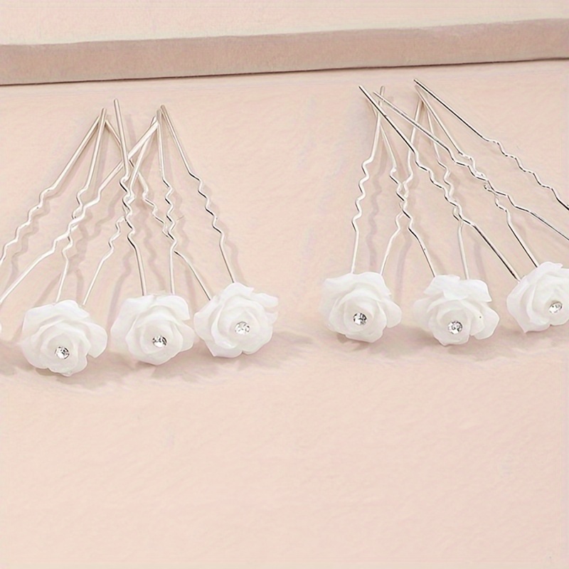 

8pcs/set White Rose Flower Rhinestone Decor Hairpin Elegant Hair Clip Headwear Wedding Party Banquet Hair Accessories