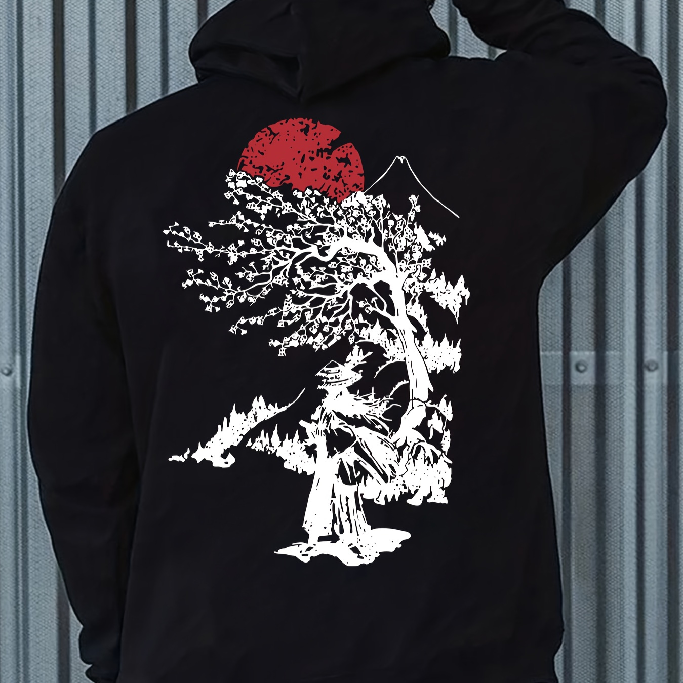 

Oriental Style Tree Silhouette Sun Print Men's Casual Cozy Kangaroo Hoodie Pullover, Trendy Long-sleeved Hooded Sweatshirt, Warm Perfect Versatile Top Autumn Winter Clothing