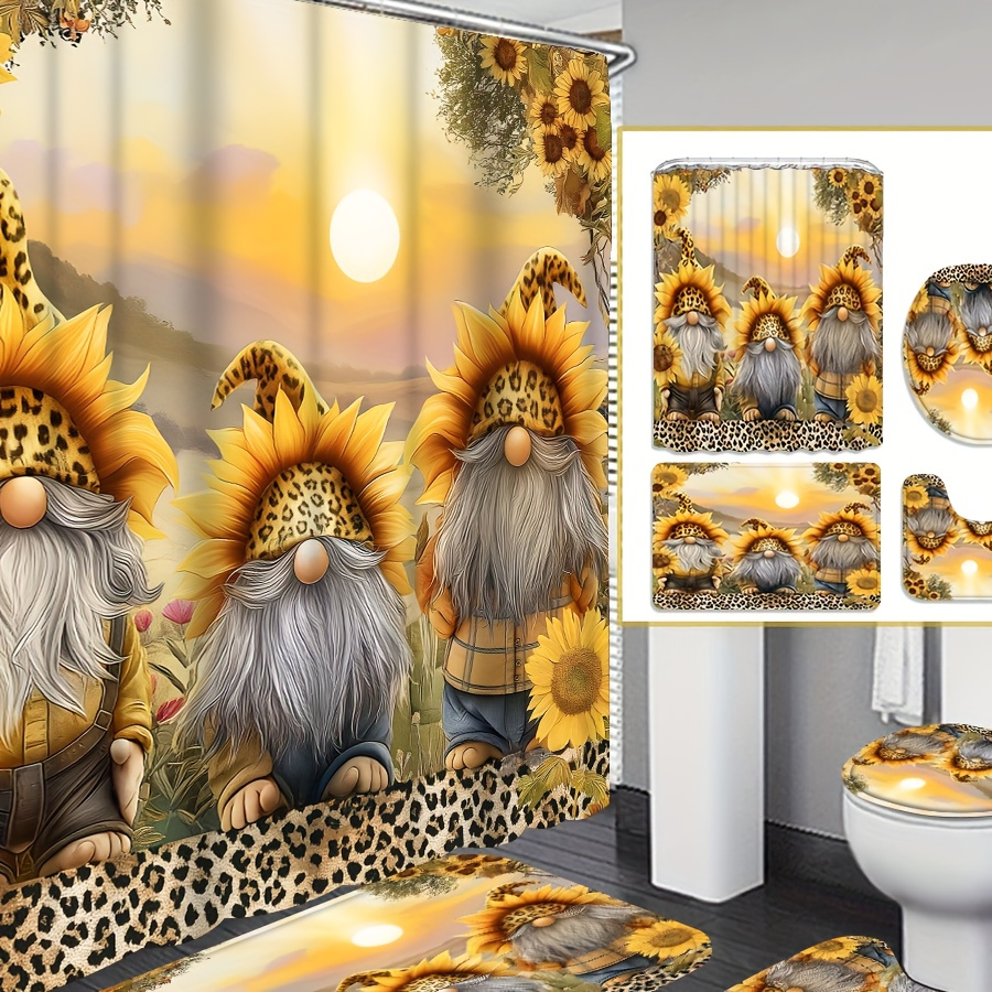 

1pc/4pc70.8in×70.8in Goblin & Sunflower Flower Print Shower Curtain Set, Modern Bathroom Decorative Floor Mat And Toilet Seat Mat, Free 12 Shower Curtain Hooks