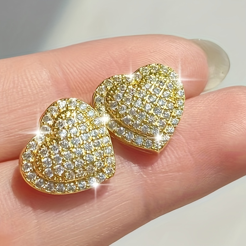 

Chic Heart-shaped Cubic Zirconia Stud Earrings - Matte Golden , Stainless Steel Posts For & Party Wear, Perfect Valentine's Gift, Synthetic,