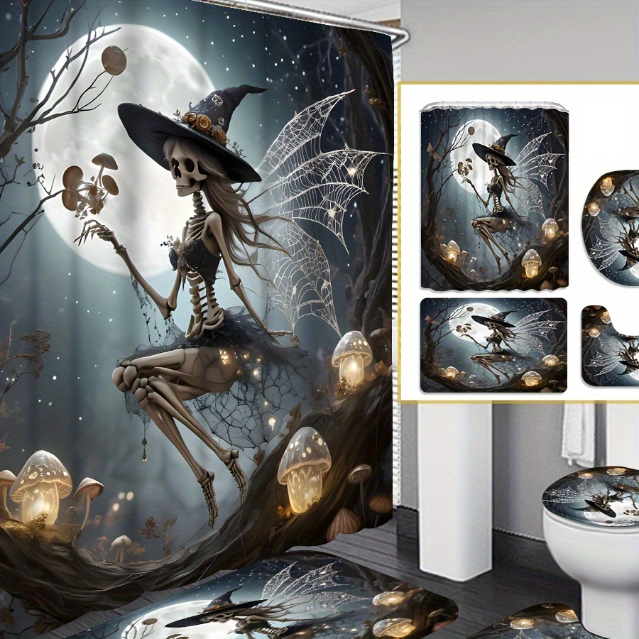 

Shower Curtain Set With Skeleton Design - Water-resistant Polyester Knit Bathroom Decor With Non-slip Bath Mat, Toilet Cover And 12 Hooks - Artsy Weave Curtain For All Seasons