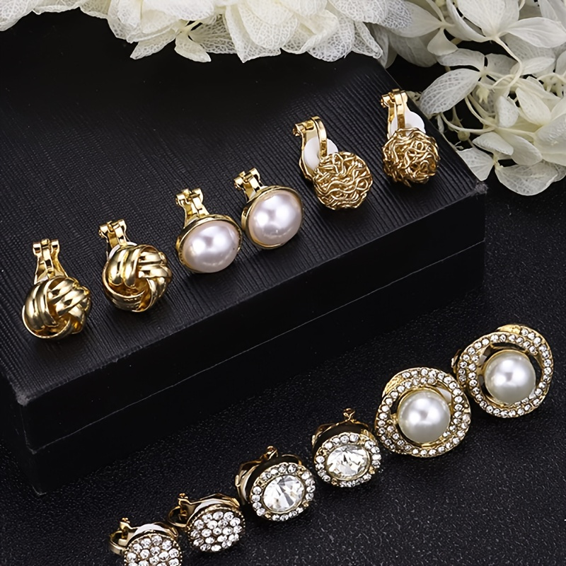 

Elegant 6pcs Pearl & Rhinestone Clip-on Earrings Set - Versatile Twisted Knot Design For Weddings & Everyday Chic