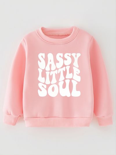 Toddler Girls Pullover, Kids Pink Letter Print Thin Fleece Round Neck Sweatshirt Kids Clothes