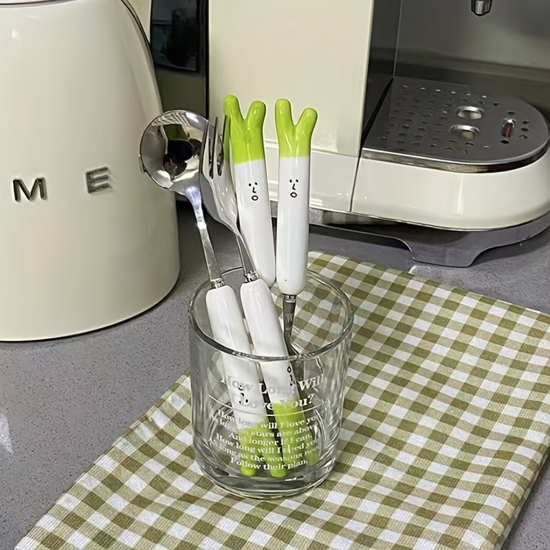 2pcs Stainless Steel Fork And Spoon Portable Tableware Set, Cute Green  Onion Spoon And Fork Set, Kitchen Utensils, Tableware