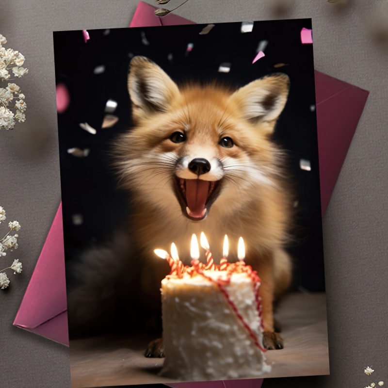 

1pc, Birthday Card, A Fox Sits In A Birthday Party Scene Decorated With Candles And Cake. The Fox Looks Very Happy, And As A Gift Card, It Is Suitable For Giving To Family And Friends