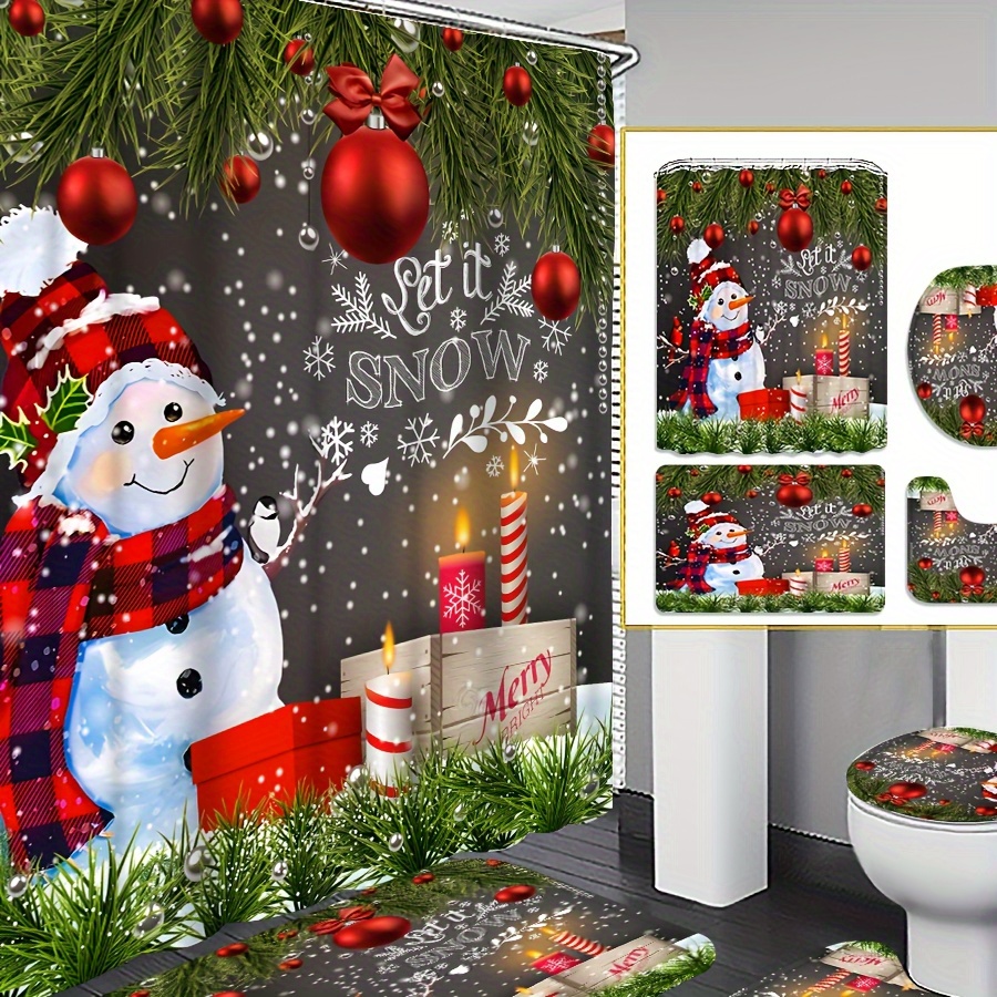 

4pcs Christmas Gift Curtain Shower Curtain Decoration, Beautiful Housewarming Gift Decoration, Waterproof Shower Curtain And Toilet Floor Mat Three-piece Set Comes With 12 Shower Curtain Hooks