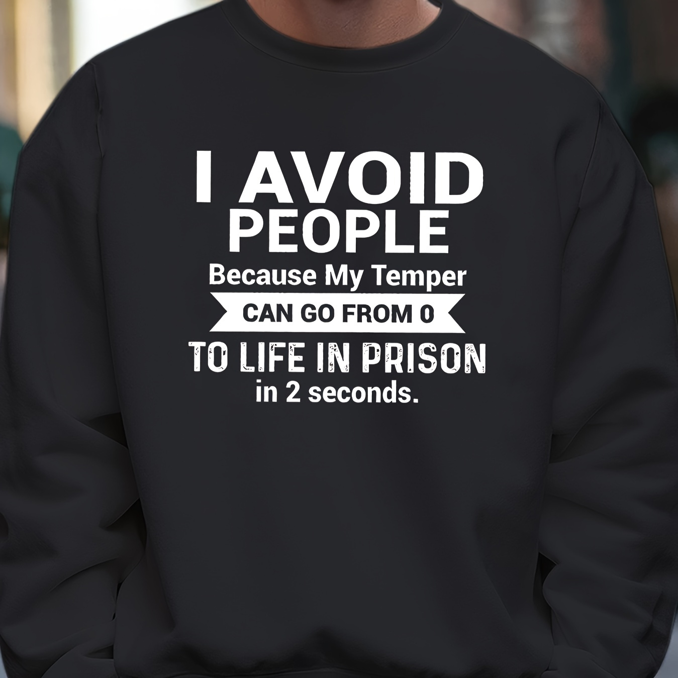 

i Avoid People" Print Crew Neck Sweatshirt, Men's Casual Pullover Sweatshirt