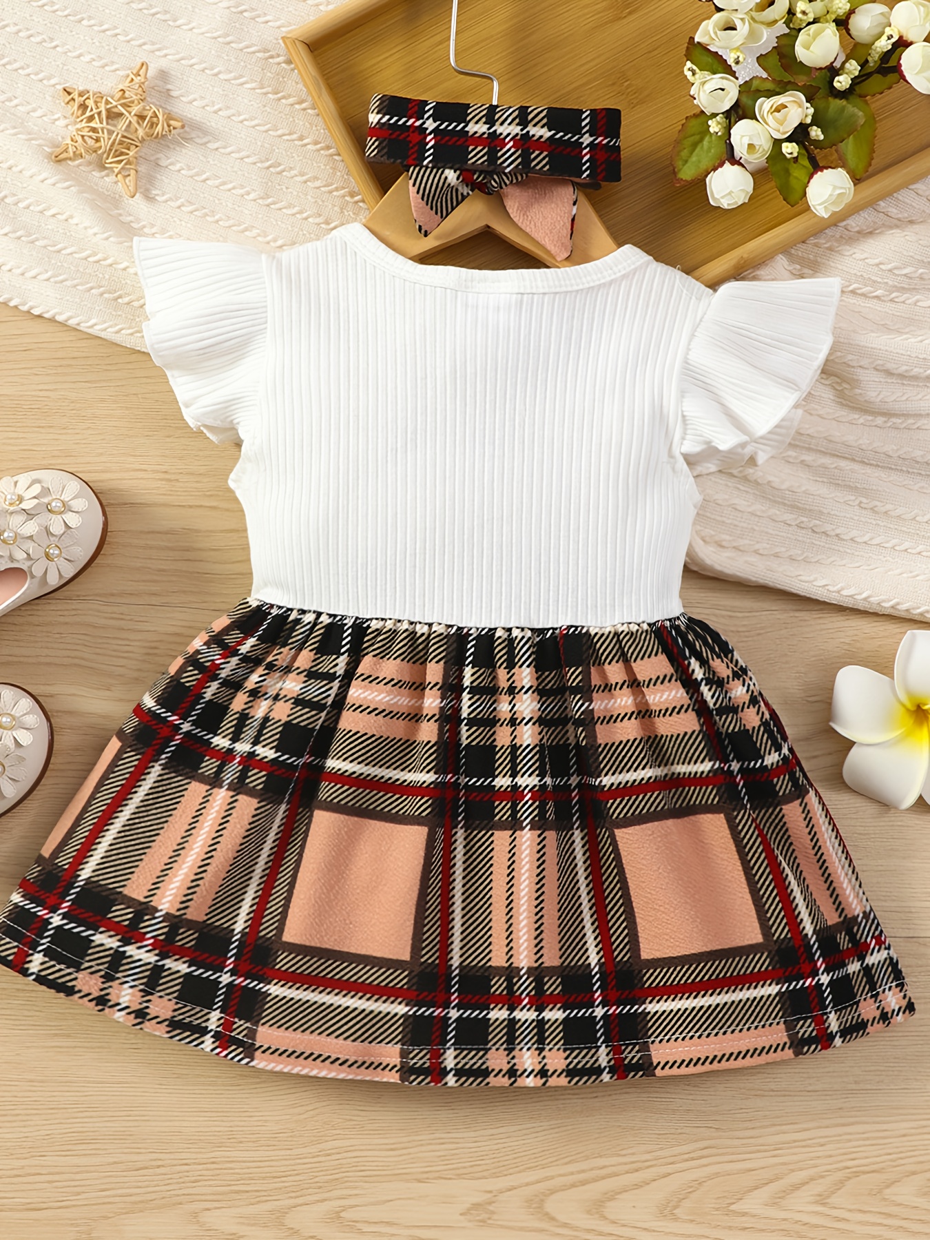 Baby Girl Solid Ribbed Short-sleeve Splicing Plaid Bowknot Dress