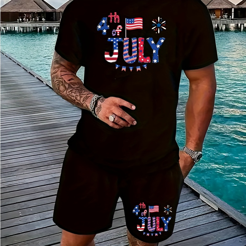 

2pcs Summer Outfits For Men, Men's Casual Streetwear T-shirt And Shorts With Drawstring Set, " 4th Of July " Print, Comfortable Fit