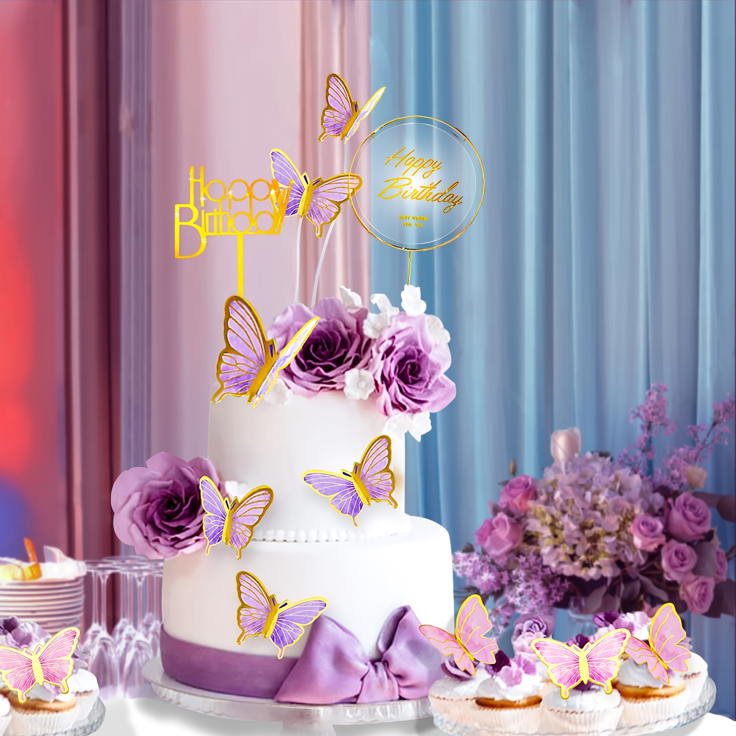 60 peças de topos de cupcake de borboleta 3D dourada rosa, roxo, animado,  festa de casamento, bolo, parede, borboletas, decoração de alimentos, cores  mistas