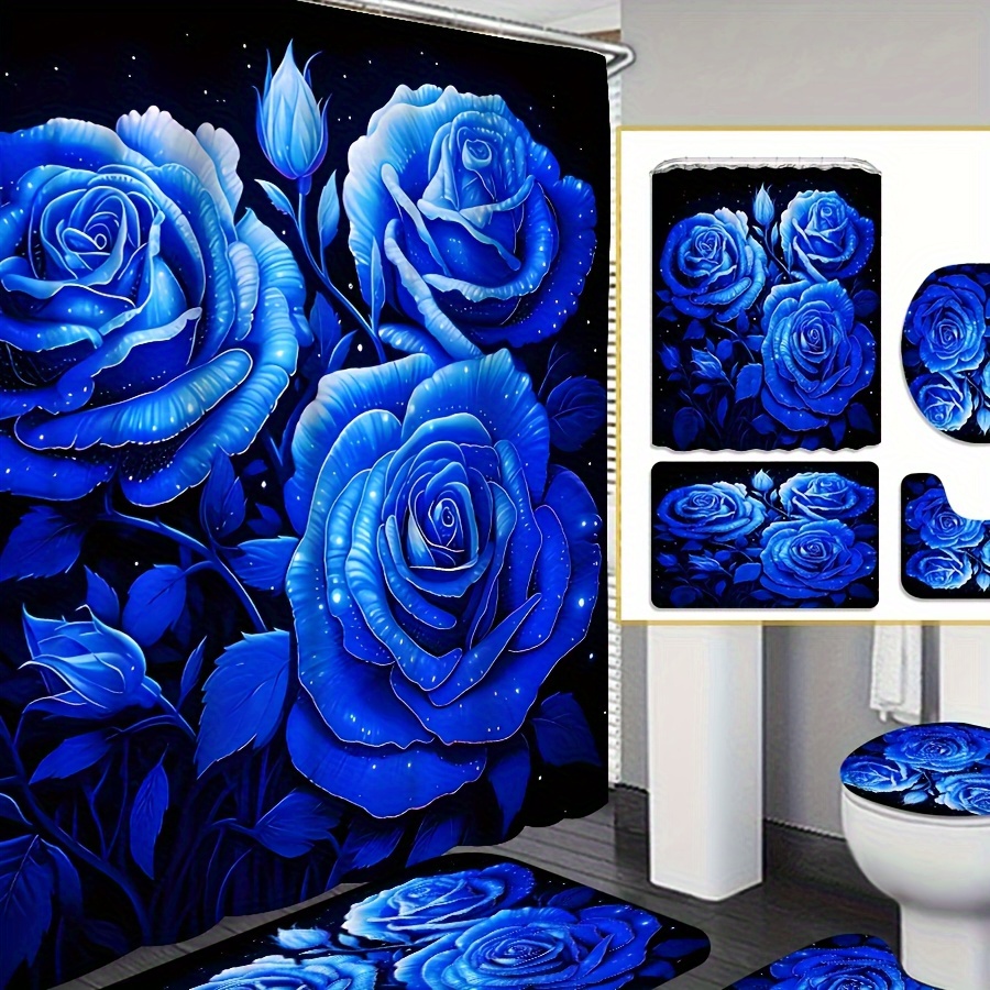 

4pcs Blue Curtain Decoration, Beautiful Disguise Gift Decoration, Waterproof Shower Curtain And Bathroom Mat Three-piece Set, 12 Shower Curtain Hooks