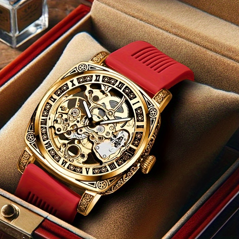 

1pcs Men's Gold Red Silicone Sense Hollow Carved Mechanical Wrist Watch