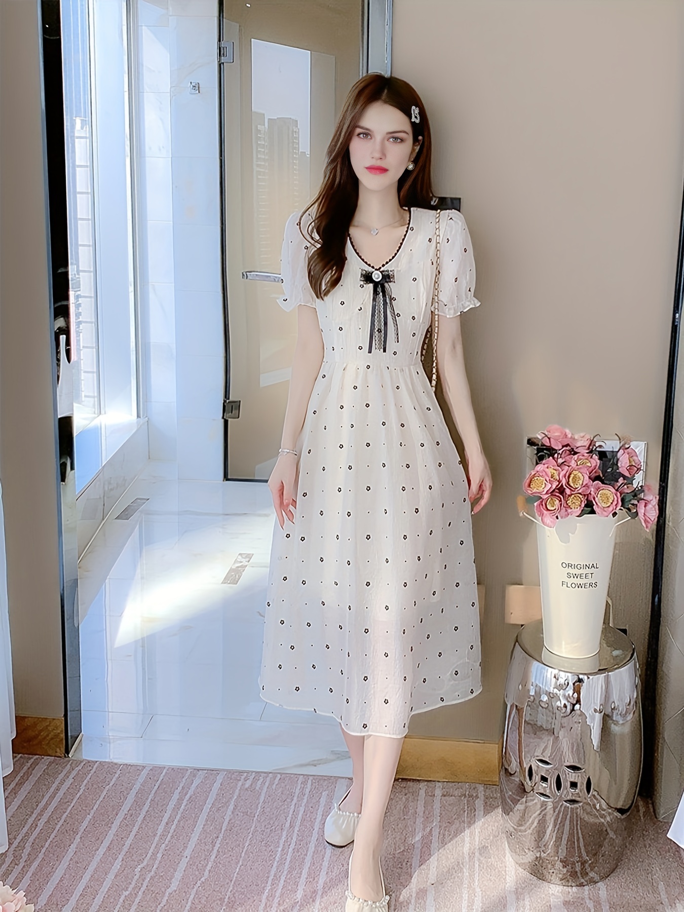 Floral Print Puff Sleeve Dress, Elegant V Neck Summer Dress