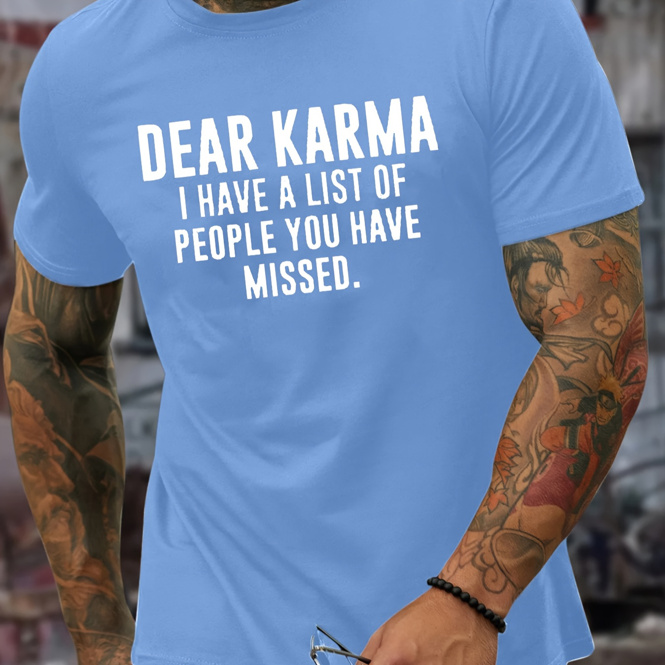 

Dear Karma Print Men's Casual T-shirt, Short Sleeve Versatile Comfy Tee Tops For Summer Outdoor