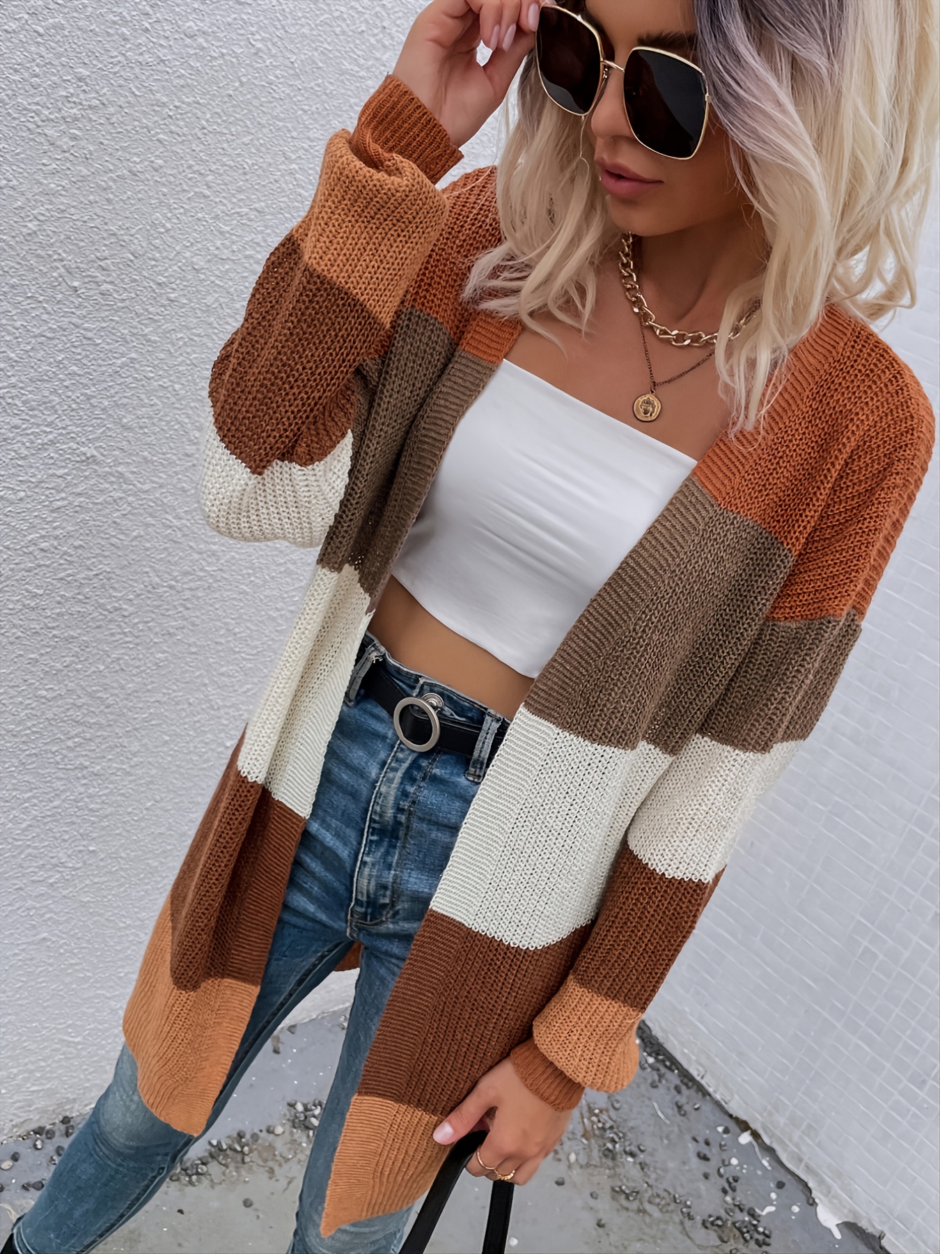 Striped Colorblock Loose Cardigans Casual Drop Shoulder Long - Temu