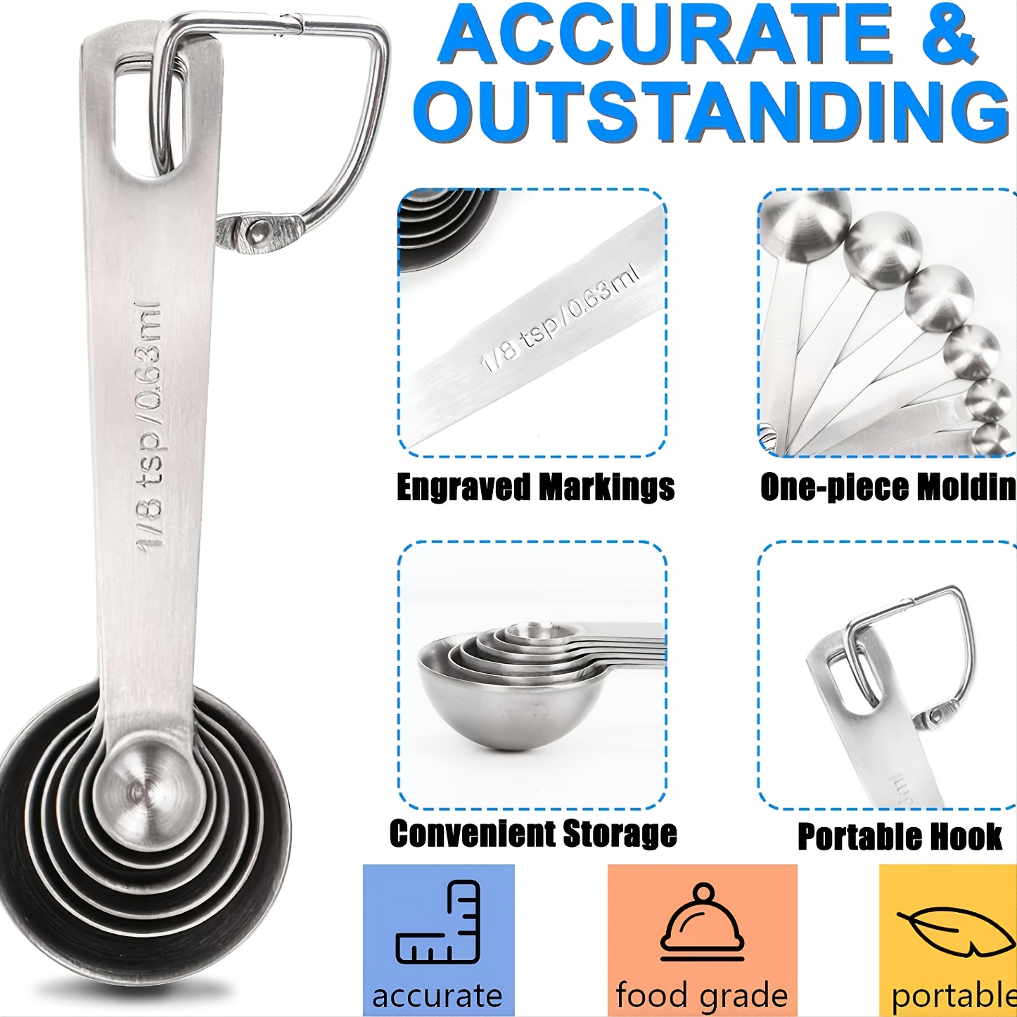 18/8 Stainless Steel Metal Measuring Spoons, Ergonomic Set of 6