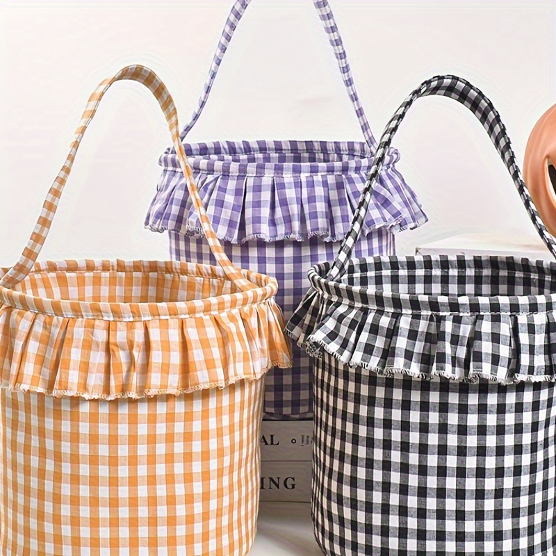 

Plaid Bucket Baskets With Tassels, Round Checkered Fabric Handbags For Party Decorations, No Electricity Or Feathers Required