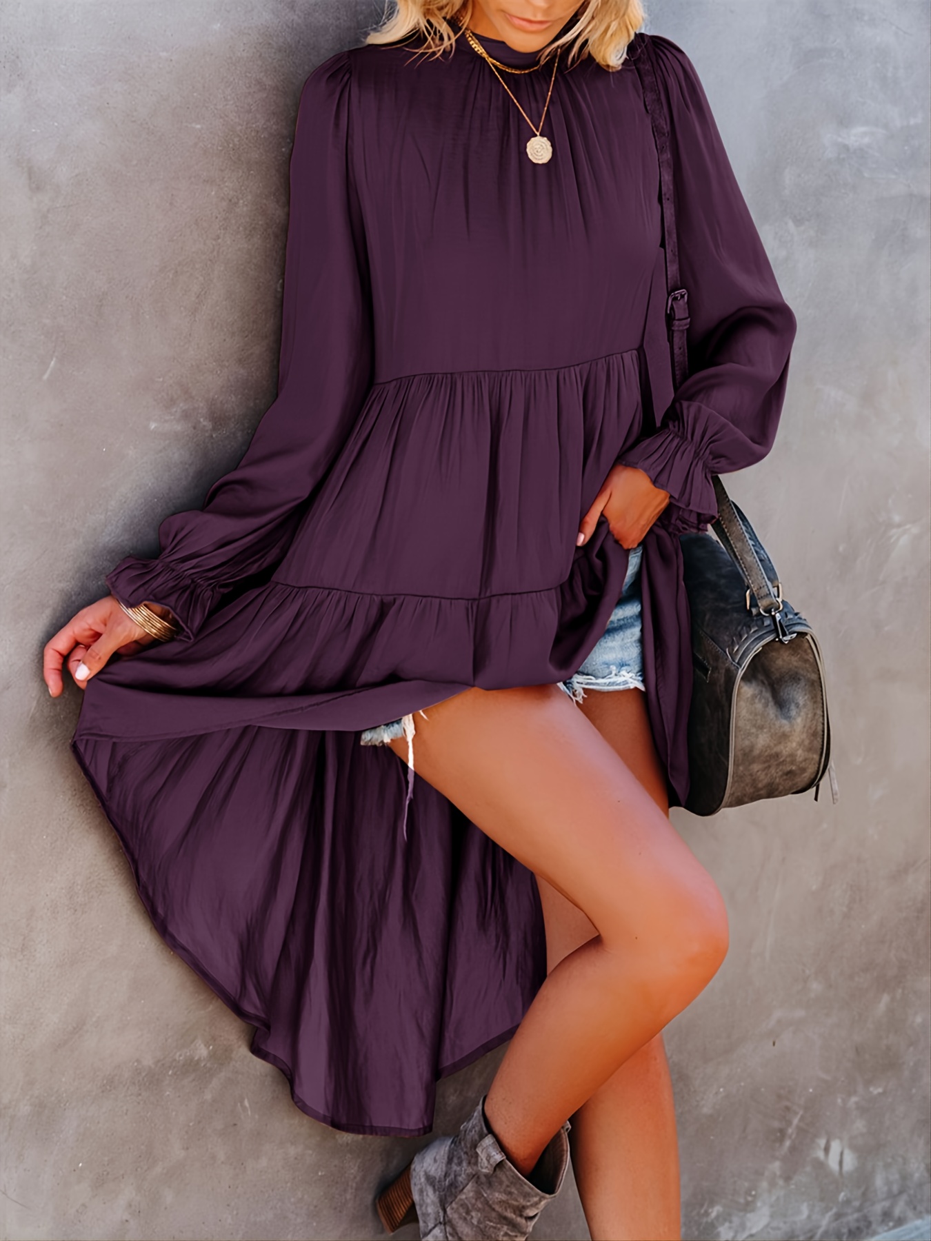 Solid Irregular Neck Blouse, Elegant Long Sleeve Lace Trim Blouse, Women's  Clothing