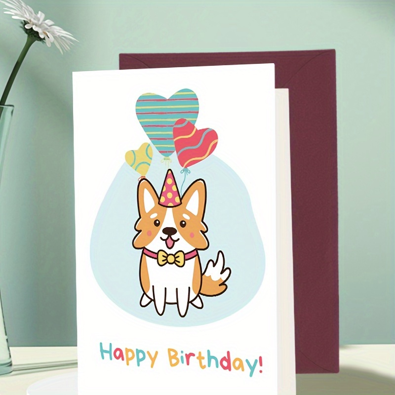 

1pc Birthday Card. The Picture Shows A Lovely Corgi Dog, Wearing A Colorful Party Hat And A Yellow Bow Around His Neck. Suitable For Giving To Family And Friends