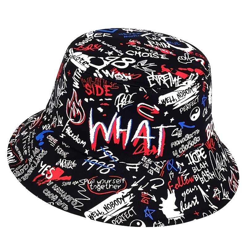 Black Graffiti Print 1pc Hat, Men's Street Style Colored Printed Hip Hop Bucket Hat,Mens Hats and Caps,Temu